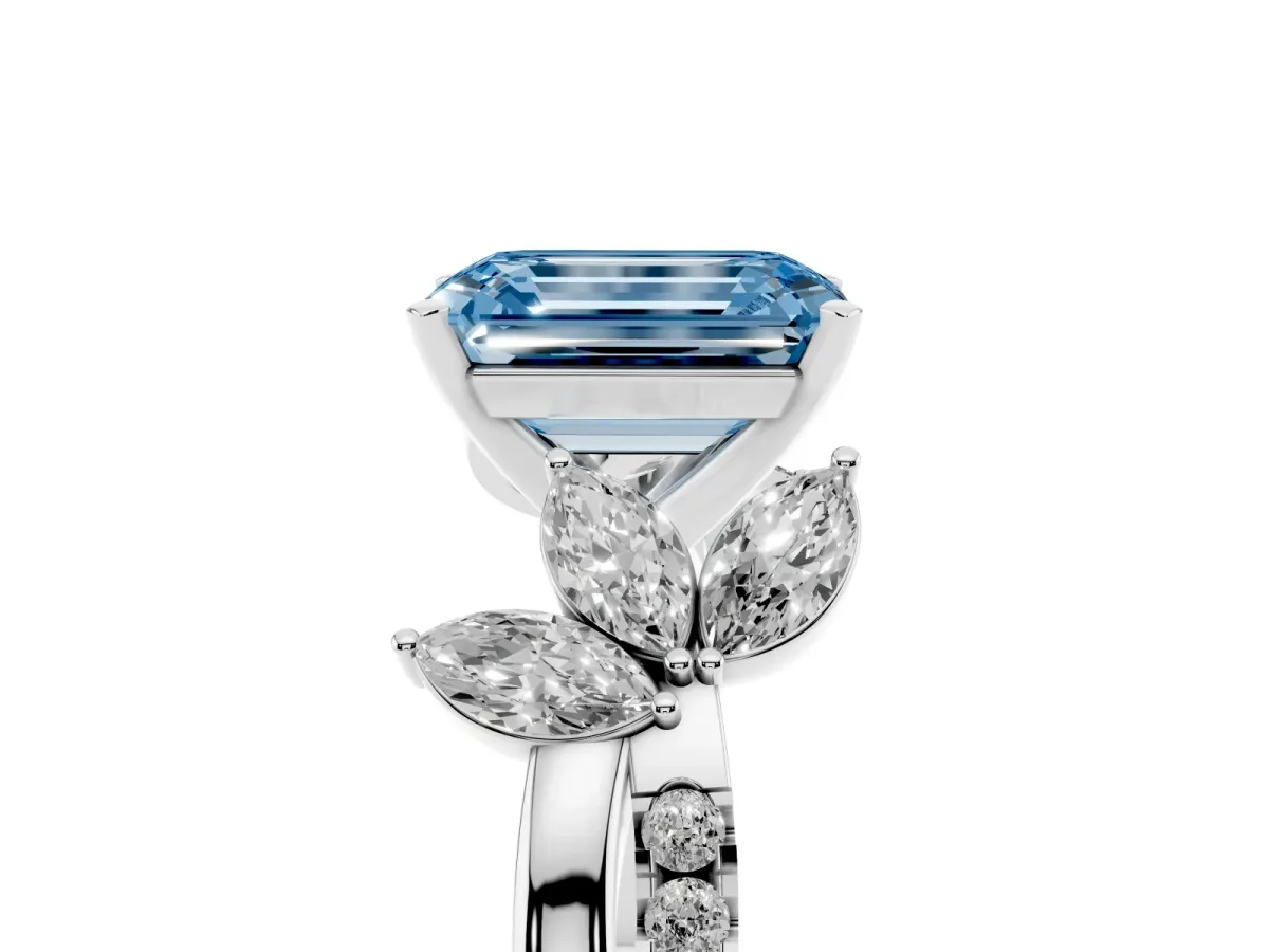 Fancy Blue Emerald Cut Diamond Floral Vine Solitaire Engagement Ring Platinum