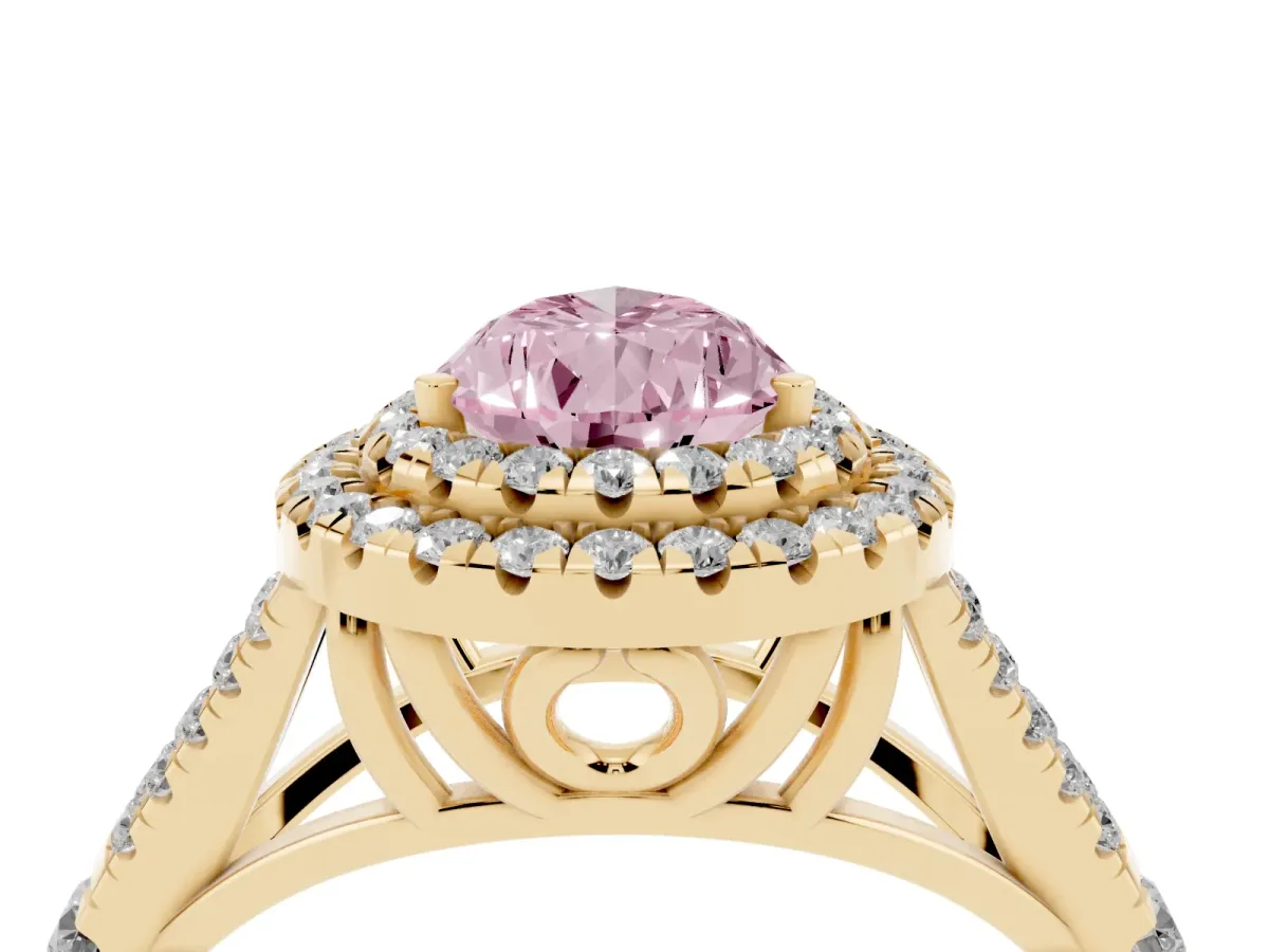 Fancy Pink Pear Cut Diamond Double Halo Ring with Split Shank and Prong Setting Yellow gold