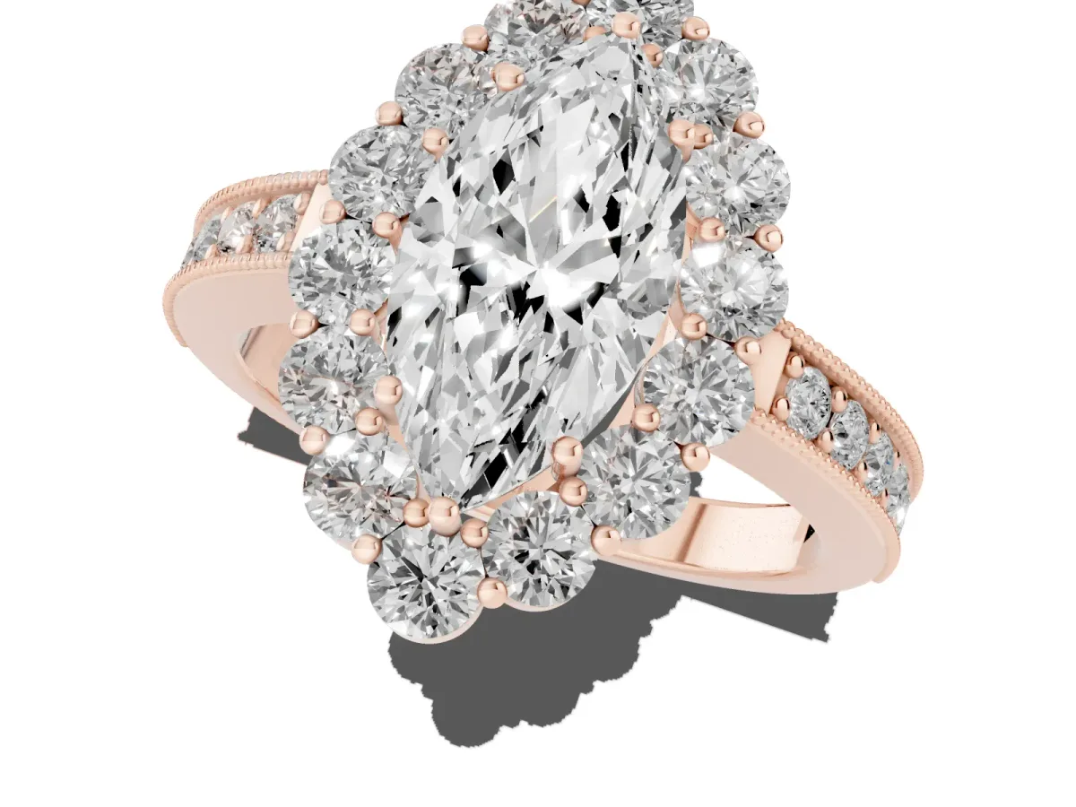 Marquise Cut Cut Halo Diamond Pavé Engagement Ring with Milgrain Detailing Rose gold