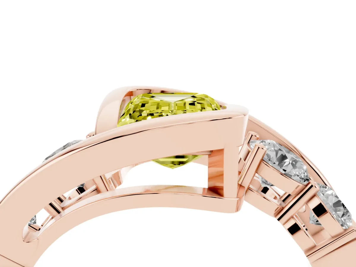 Fancy Yellow Bezel Set Emerald Cut Diamond Bypass Ring with Round Accents Rose gold