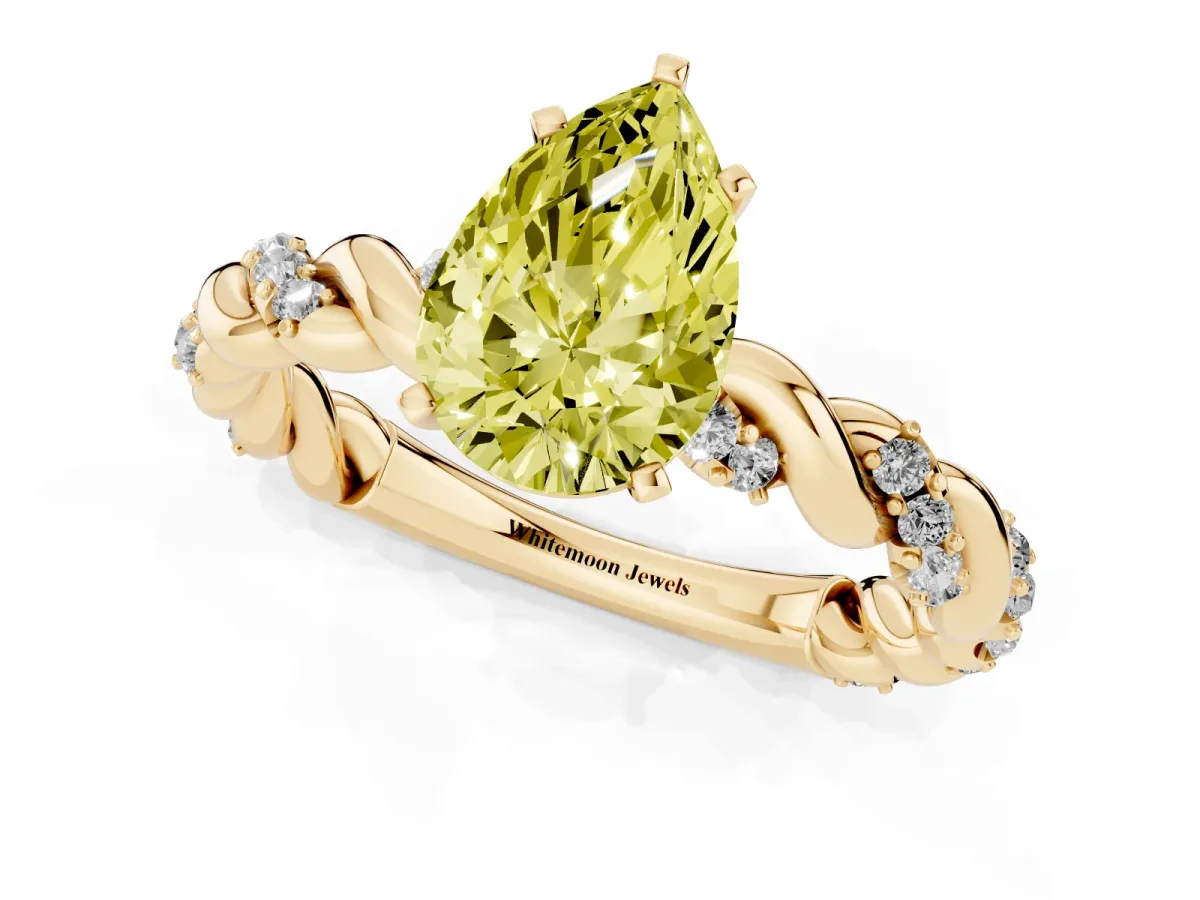 Fancy Yellow Pear Cut Diamond Solitaire Ring with Twisted Band and Pavé Accents Yellow gold