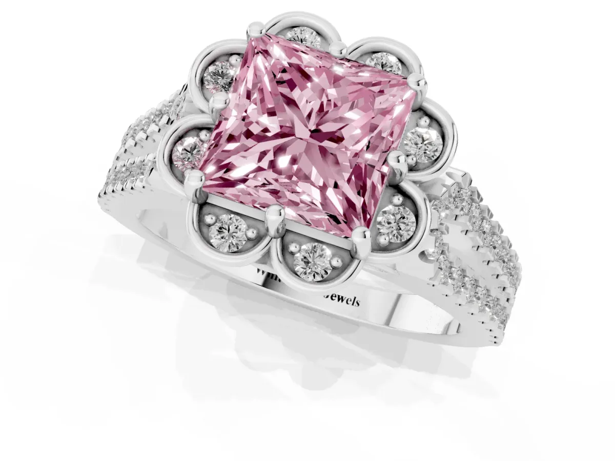 Fancy Pink Princess Cut Halo Diamond Floral Split Shank Engagement Ring Silver