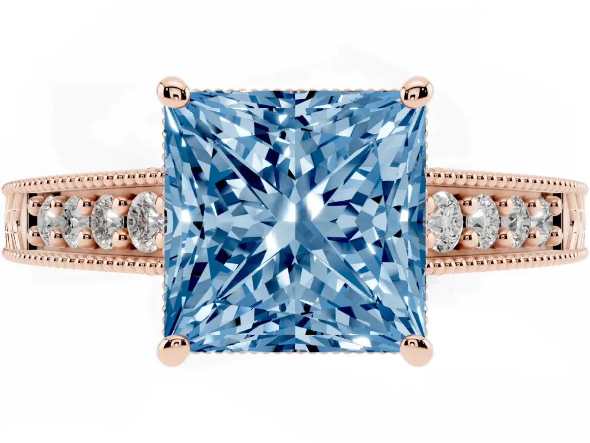 Fancy Blue Princess Cut Solitaire Pavé Diamond Milgrain Engagement Ring with Four-Prong Setting Rose gold