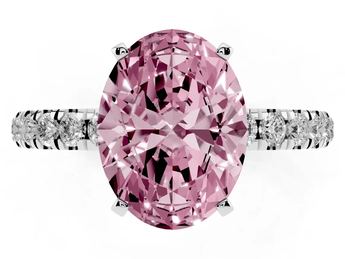 Fancy Pink Oval Cut Diamond Solitaire Ring with Pavé Accents and Four-Prong Setting Platinum