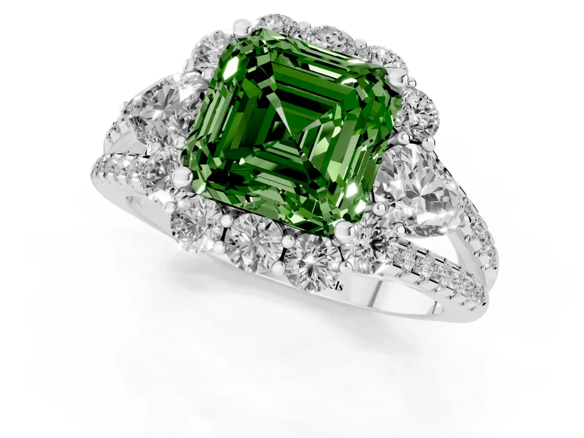 Fancy Green Asscher Cut Halo Split Shank Diamond Engagement Ring with Prong Setting Silver
