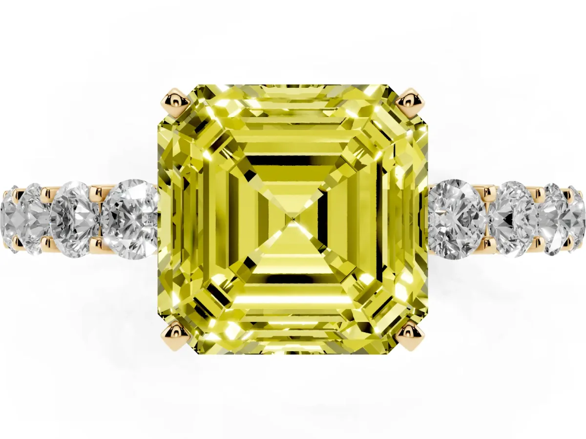Fancy Yellow Asscher Cut Diamond Solitaire Ring with Shared Prong Pavé Band and Four-Prong Setting Yellow gold