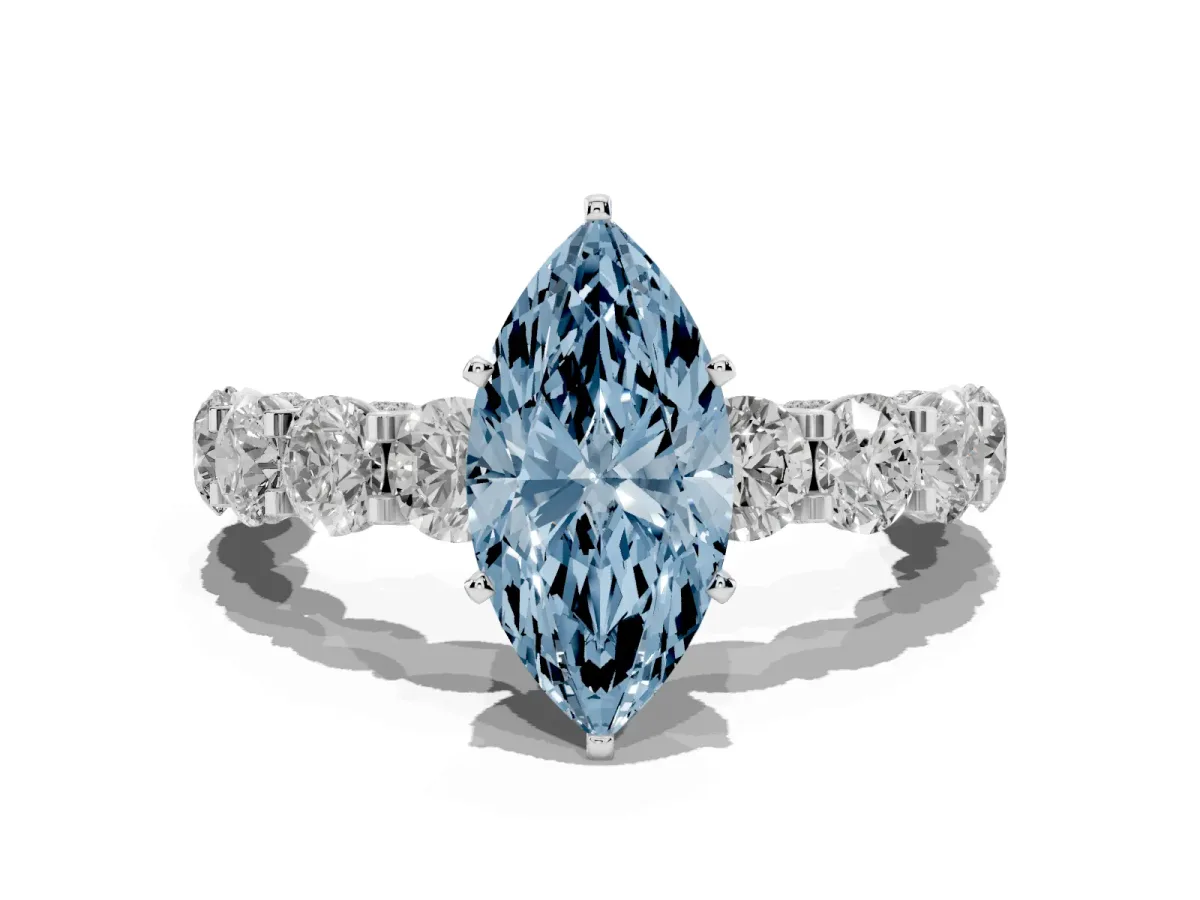 Fancy Blue Marquise Cut Diamond Side Stone Engagement Ring with Four-Prong Setting Silver