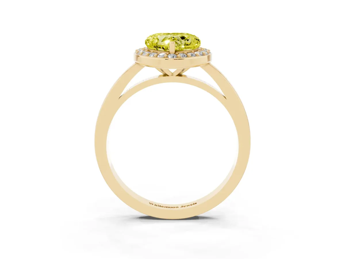Fancy Yellow Heart Cut Halo Diamond Ring with Solitaire Band and Prong Setting Yellow gold