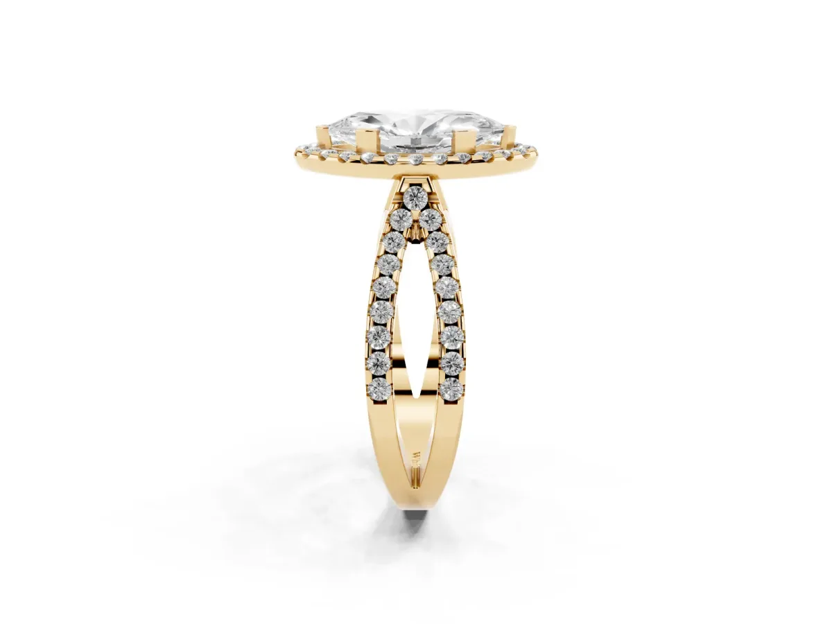Marquise Cut Diamond Halo Ring with Split Shank Pavé Band and Prong Setting Yellow gold