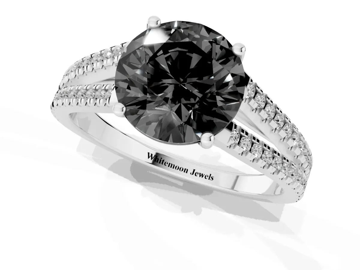 Fancy Black Round Cut Diamond Solitaire Engagement Ring with Split Shank Pavé Band Platinum