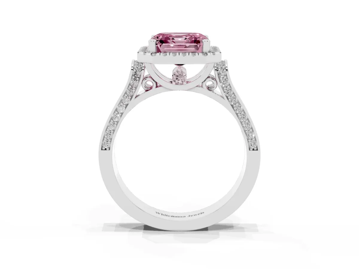Fancy Pink Asscher Cut Halo Pave Split Shank Prong Setting Ring Silver