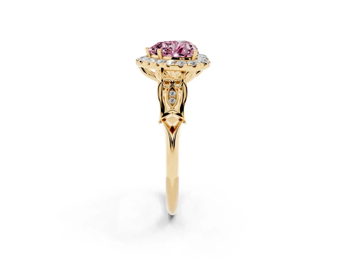 Fancy Pink Heart Cut Halo Diamond Engagement Ring with Filigree Band and Four-Prong Setting Yellow gold