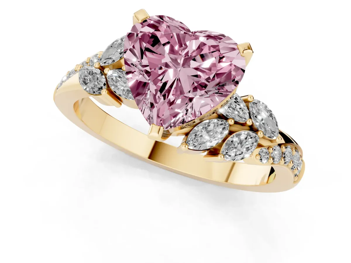 Fancy Pink Heart Cut Solitaire Marquise Twist Band with Six-Prong Setting Yellow gold