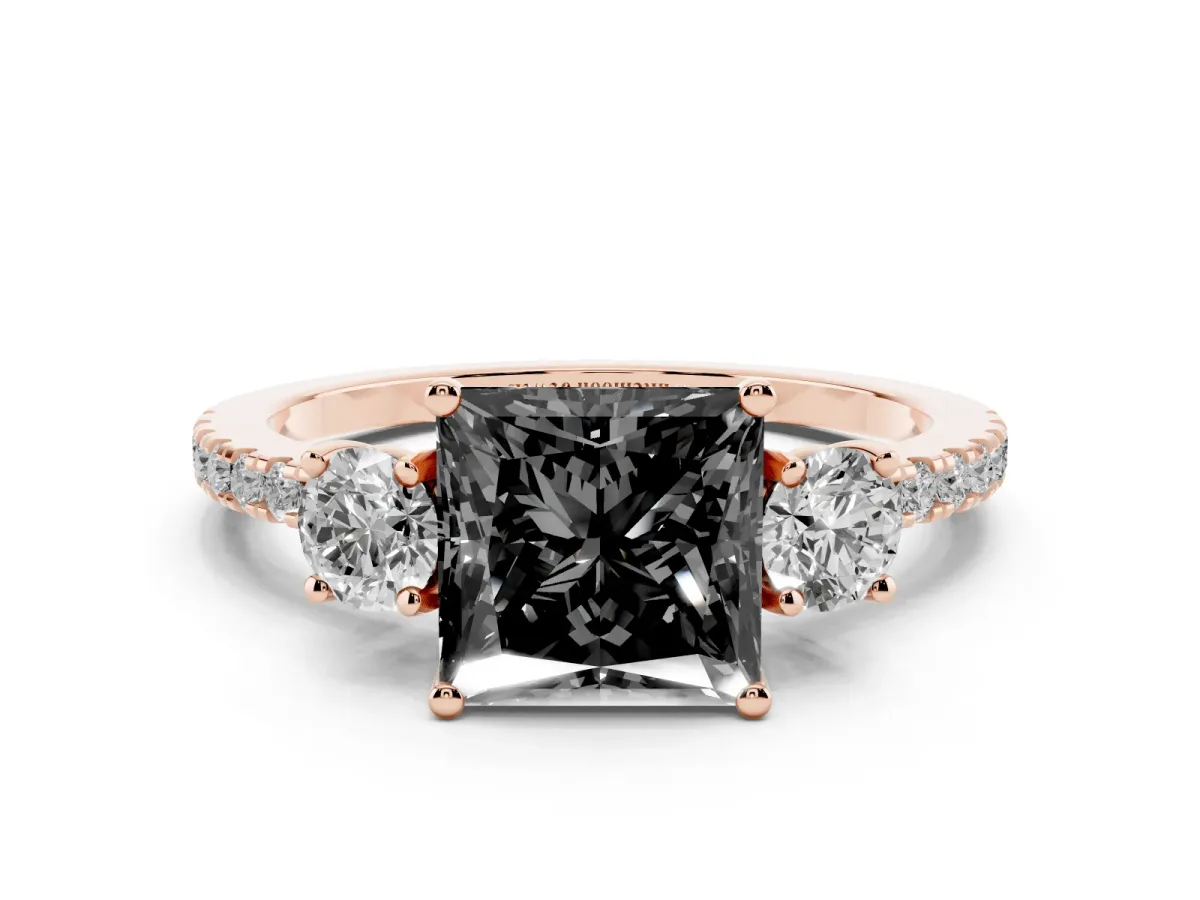 Fancy Black Three-Stone Princess Cut Cut Diamond Pavé Band with Prong Setting Rose gold