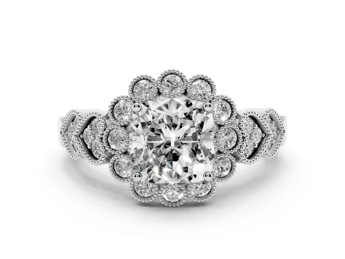 Cushion Cut Brilliant Milgrain Pave Heart Band Solitaire Ring Silver