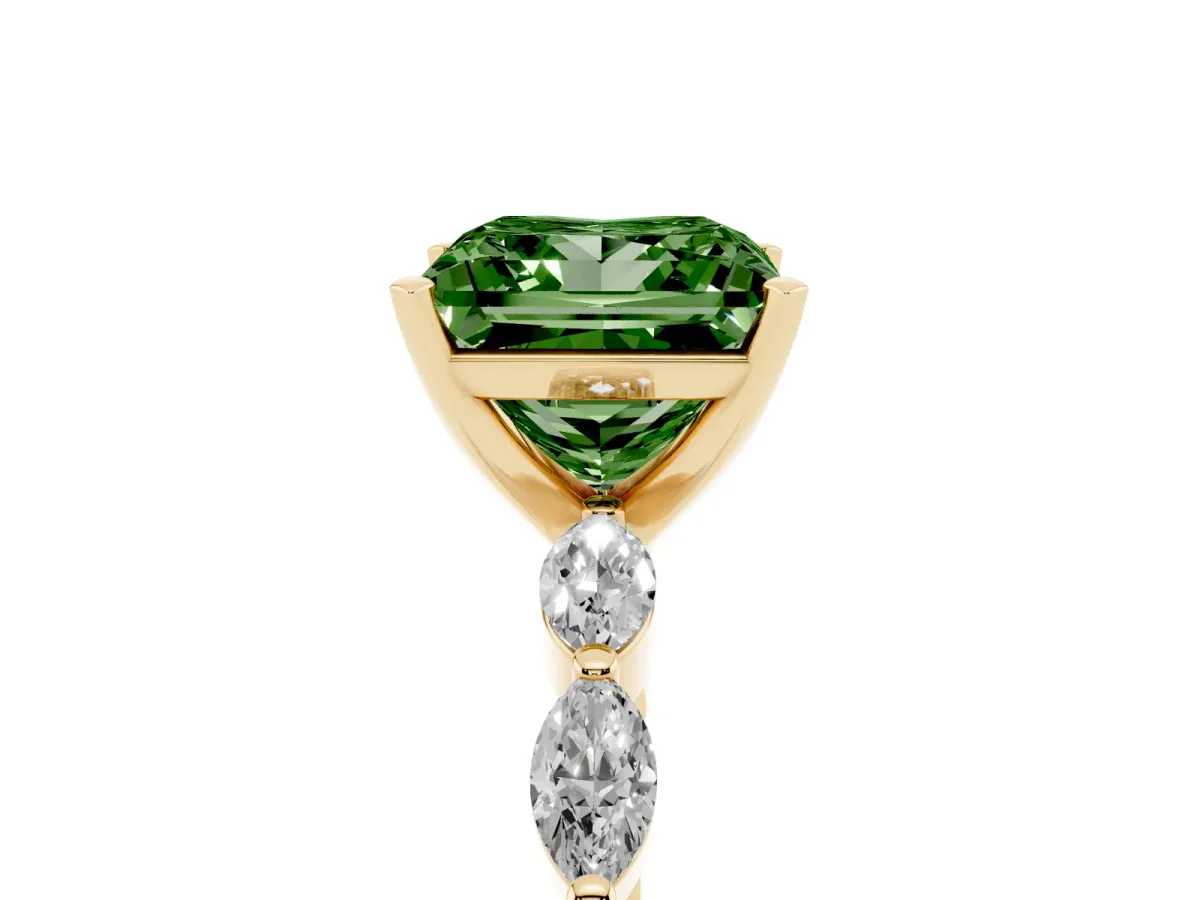 Fancy Green Princess Cut Diamond Ring with Marquise Side Stones and Prong Setting Yellow gold