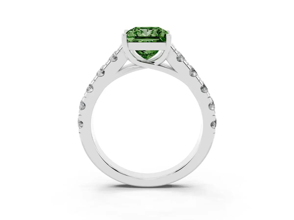Fancy Green Princess Cut Cut Diamond Solitaire Ring with Micro Pave Band and Prong Setting Silver
