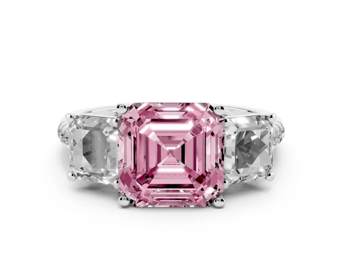 Fancy Pink Three-Stone Asscher Cut Diamond Ring with Round Pavé Band and Prong Setting Silver
