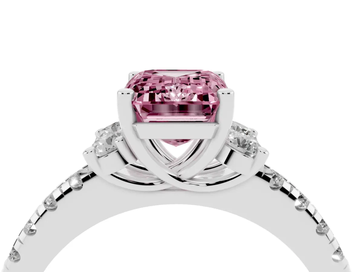 Fancy Pink Emerald Cut Diamond Three-Stone Pave Band with Four-Prong Setting Silver