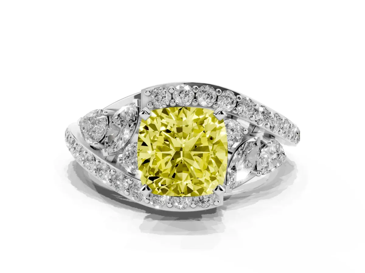 Fancy Yellow Cushion Cut Diamond Halo Ring with Marquise and Pavé Band in Prong Setting Silver