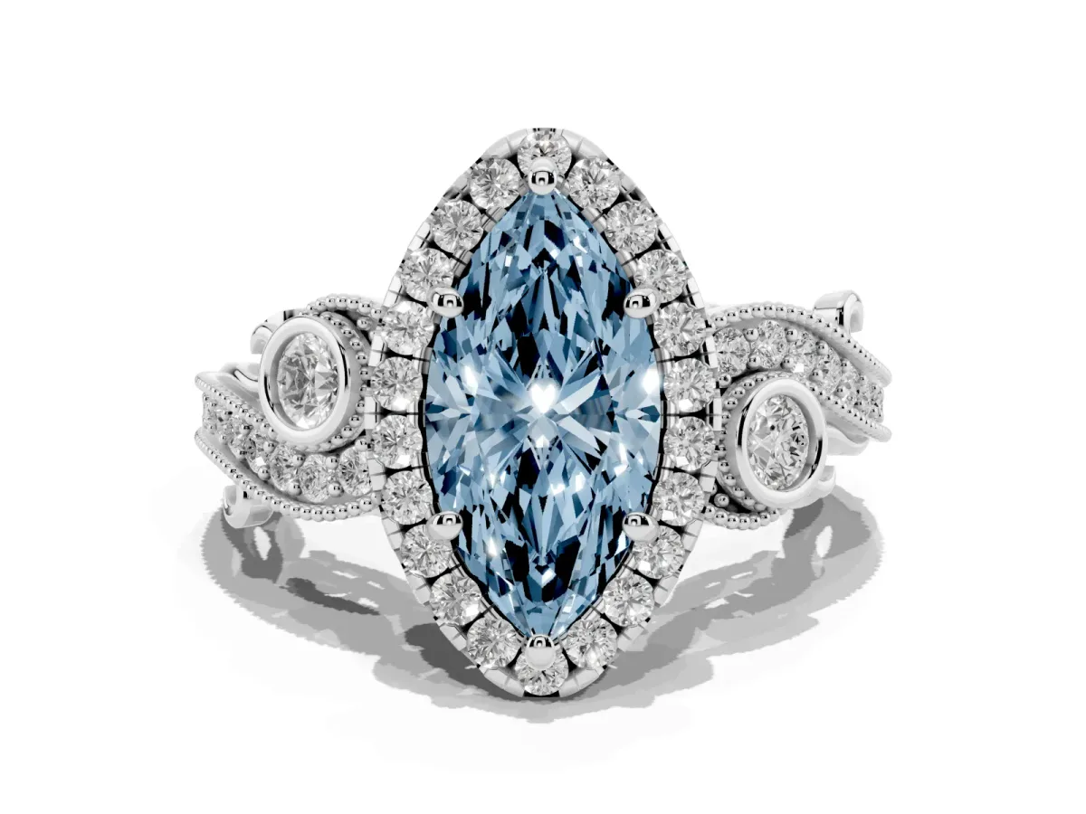 Fancy Blue Marquise Cut Diamond Halo Ring with Milgrain Pavé Band and Four-Prong Setting Silver