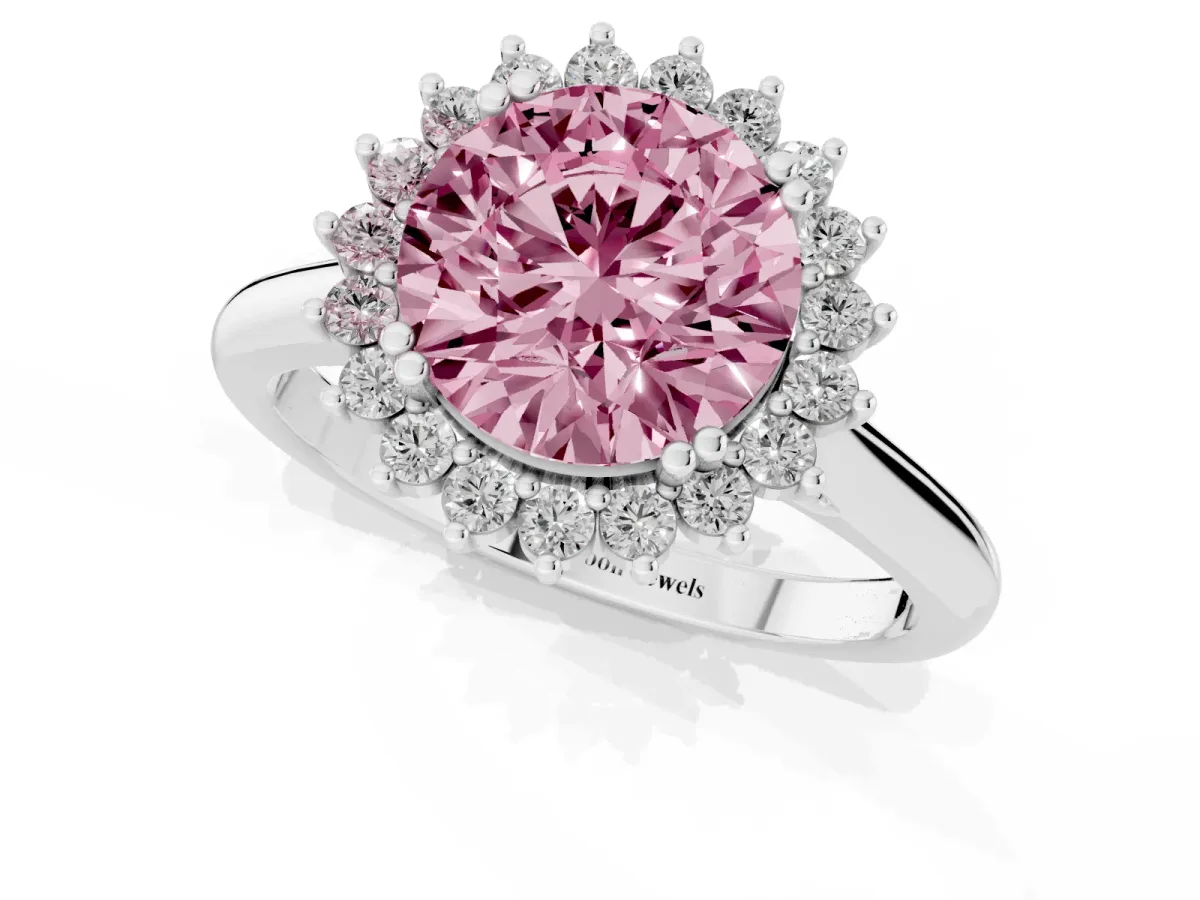 Fancy Pink Round Cut Cut Diamond Halo Ring with Solitaire Band and Prong Setting Platinum
