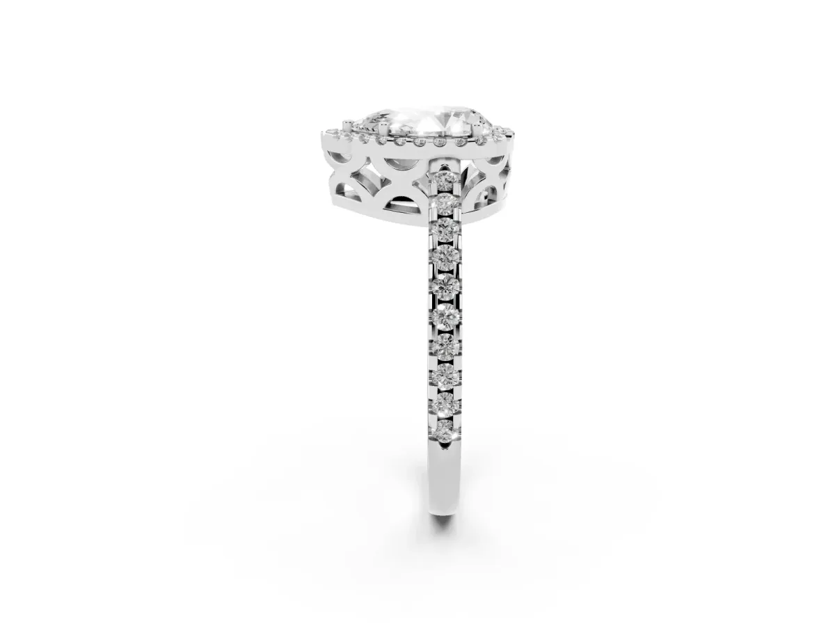 Pear Cut Diamond Halo Engagement Ring with Pavé Band and Prong Setting Silver
