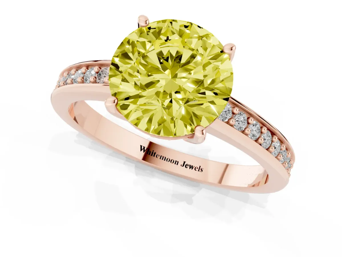 Fancy Yellow Round Cut Solitaire Pavé Band Prong Setting Ring Rose gold