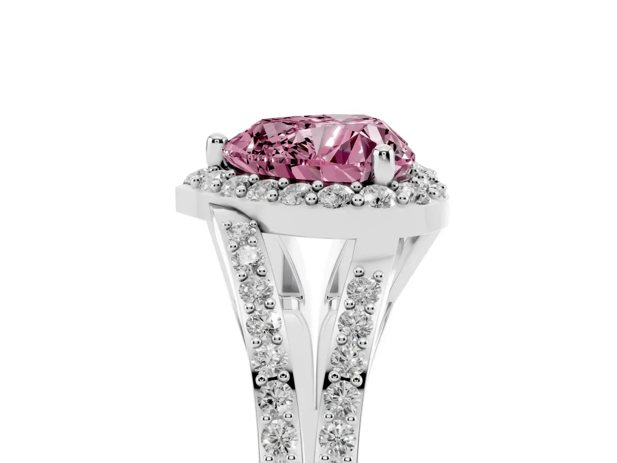 Fancy Pink Heart Cut Halo Split Shank Diamond Ring with Prong Setting Silver
