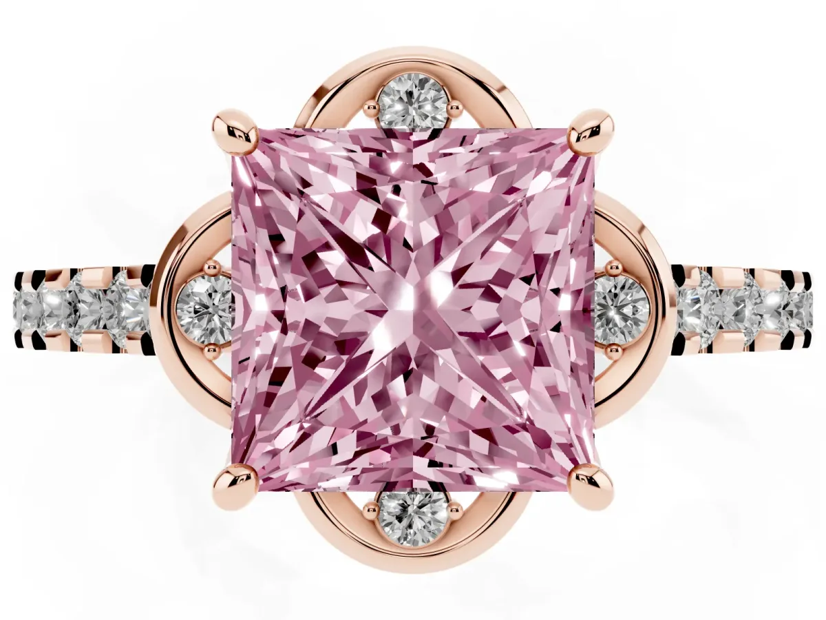 Fancy Pink Princess Cut Diamond Ring with Pavé Band and Floral Prong Setting Rose gold