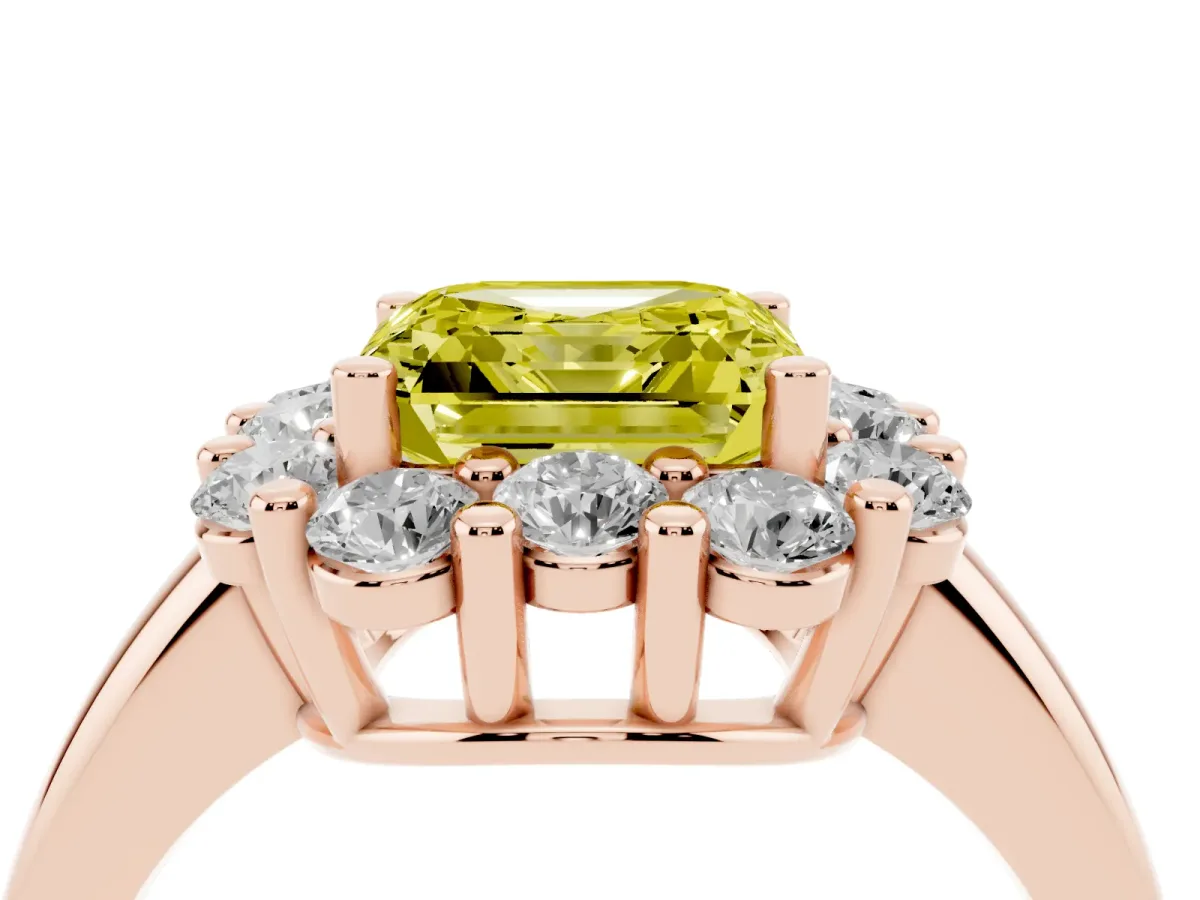 Fancy Yellow Asscher Cut Halo Cluster Diamond Engagement Ring with Prong Setting and Polished Band Rose gold