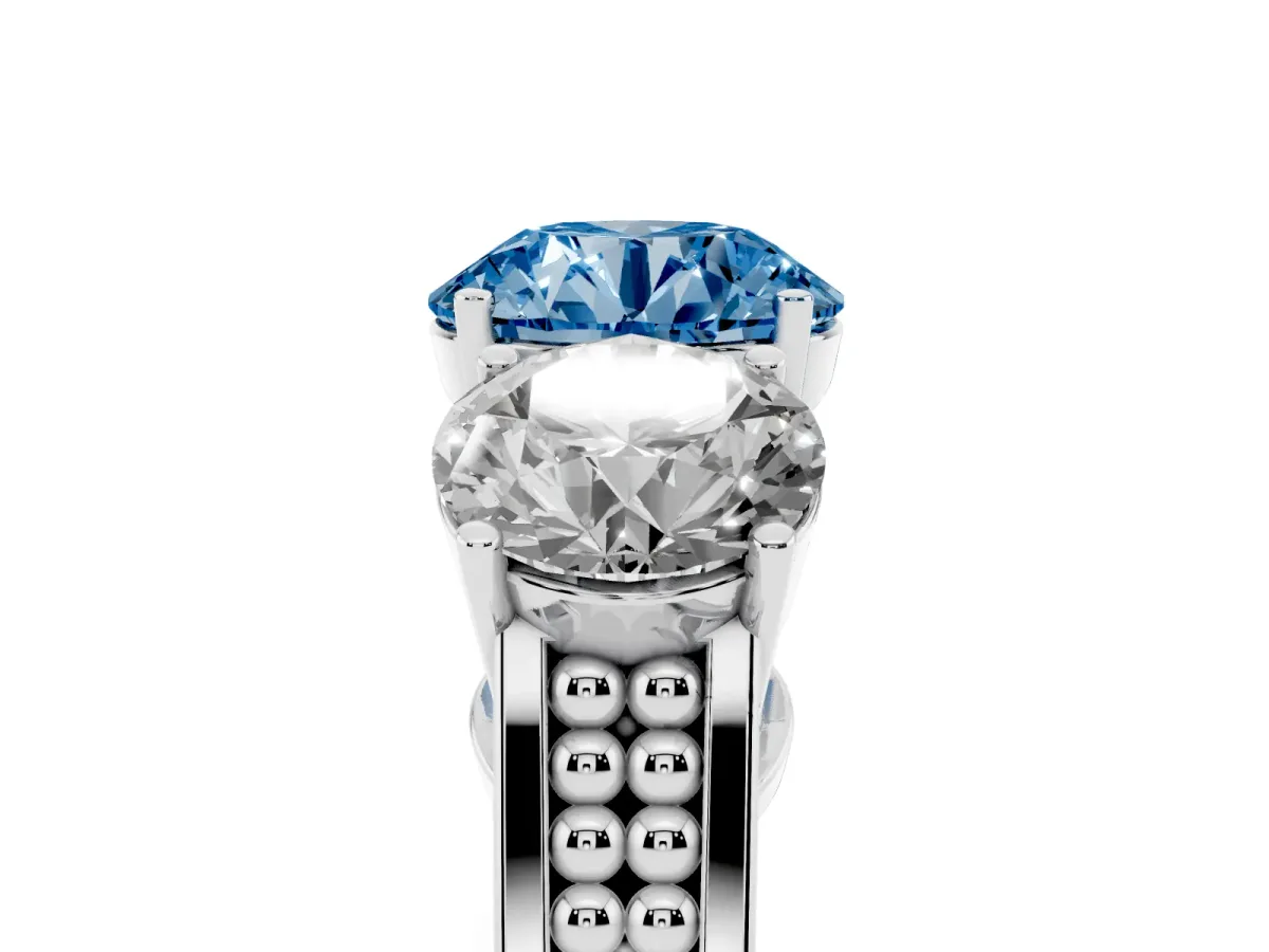 Fancy Blue Round Cut Diamond Three-Stone Ring with Prong Setting and Textured Band Platinum