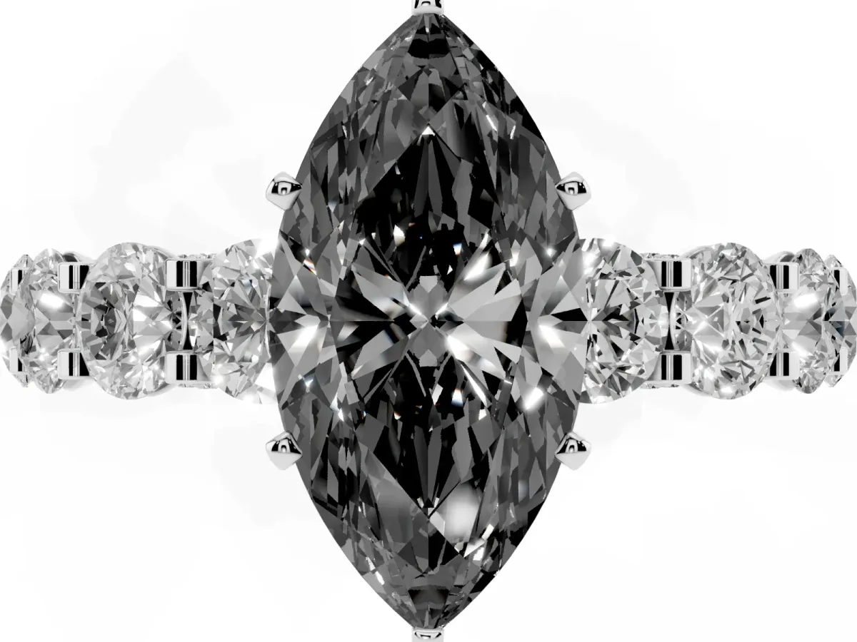 Fancy Black Marquise Cut Diamond Side Stone Engagement Ring with Four-Prong Setting Silver