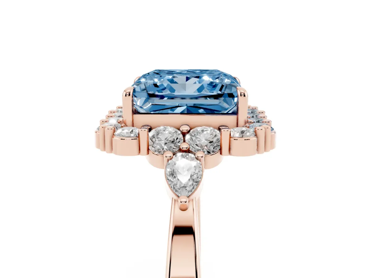 Fancy Blue Princess Cut Diamond Halo Ring with Pear Side Stones and Prong Setting Rose gold