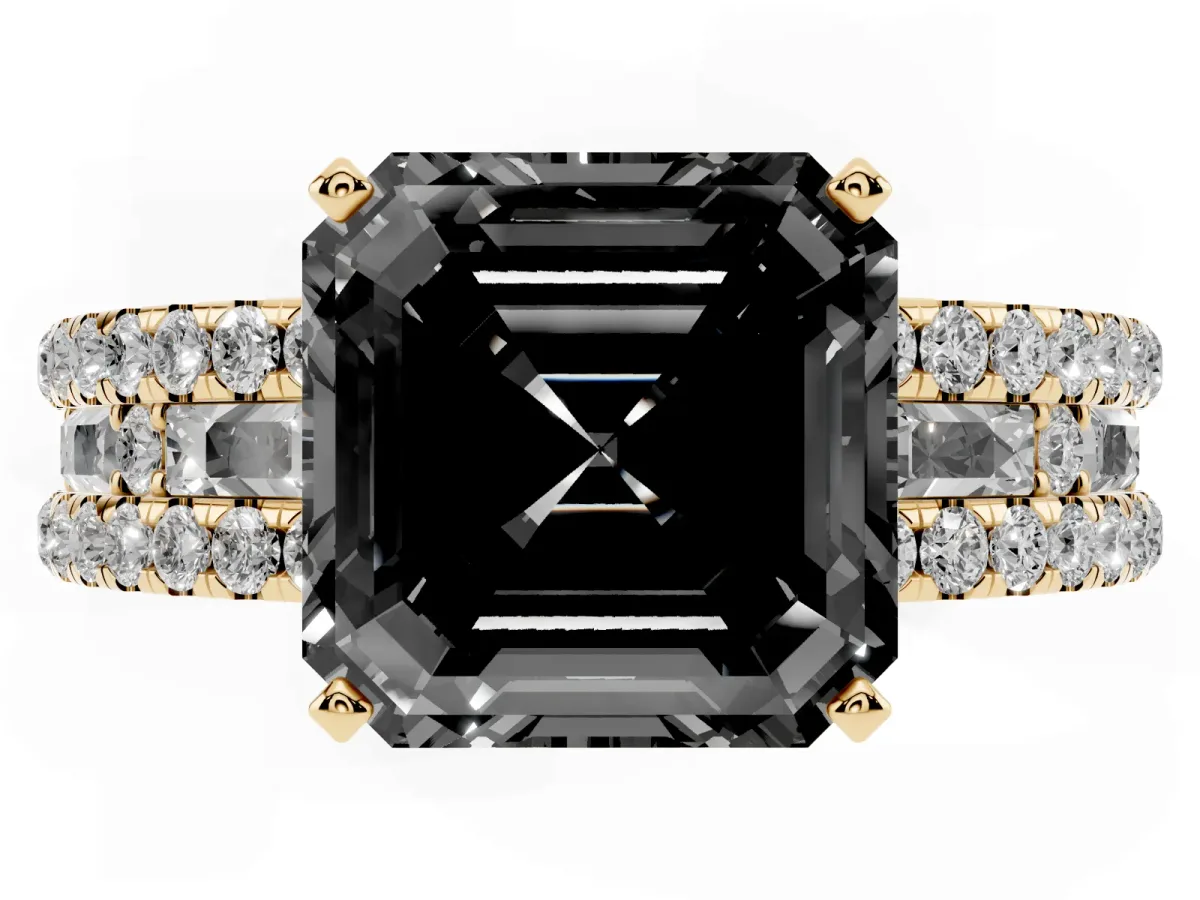 Fancy Black Asscher Cut Diamond Solitaire Ring with Pavé and Channel Set Band Yellow gold