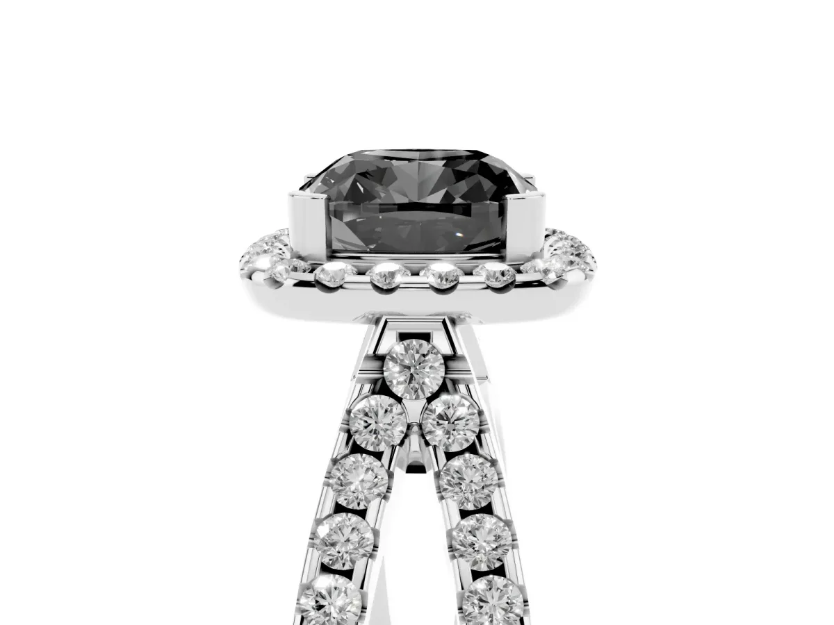 Fancy Black Cushion Cut Diamond Halo Ring with Split Shank Pavé Band and Prong Setting Silver