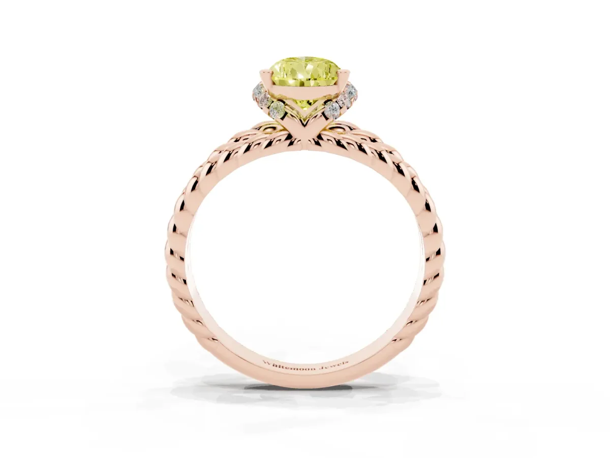 Fancy Yellow Pear Cut Halo Twisted Band Four-Prong Ring Rose gold