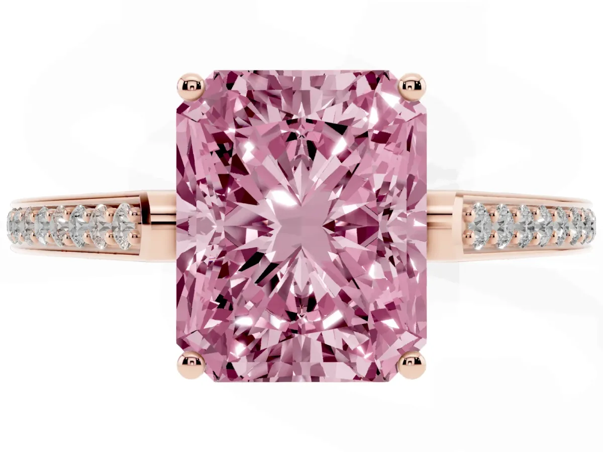 Fancy Pink Radiant Cut Cut Cathedral Pave Diamond Engagement Ring with Six-Prong Setting Rose gold