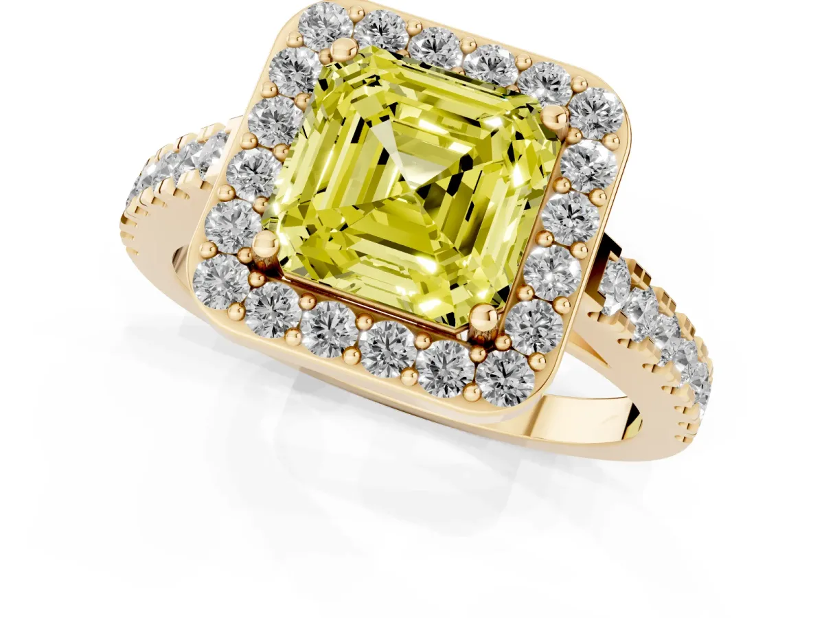 Fancy Yellow Asscher Cut Diamond Halo Ring with Round Pavé Split Shank and Prong Setting Yellow gold