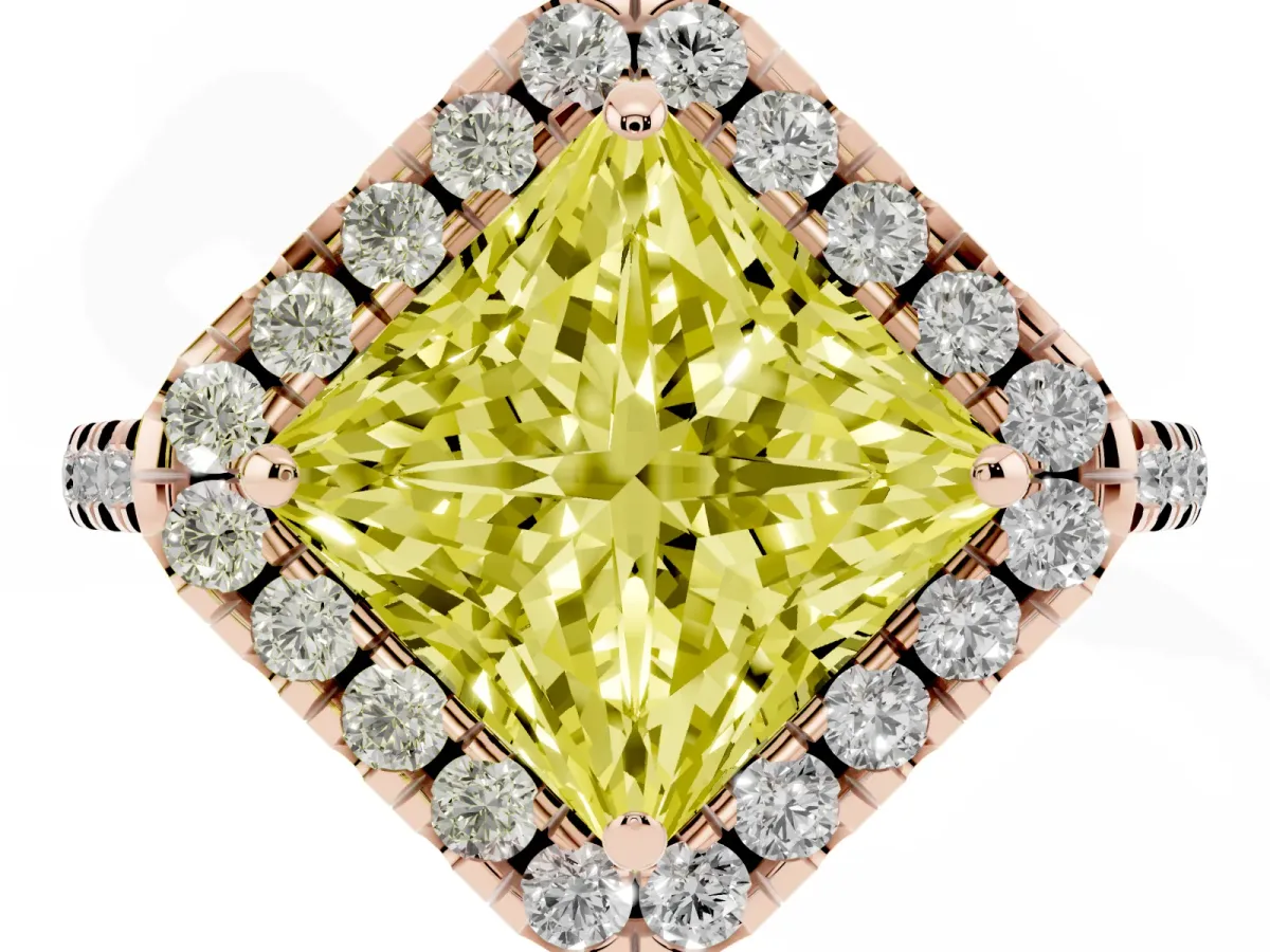 Fancy Yellow Princess Cut Diamond Cushion Halo Ring with Pavé Band Rose gold