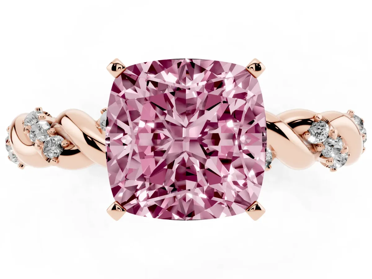 Fancy Pink Cushion Cut Diamond Solitaire Ring with Twisted Band and Pavé Accents Rose gold