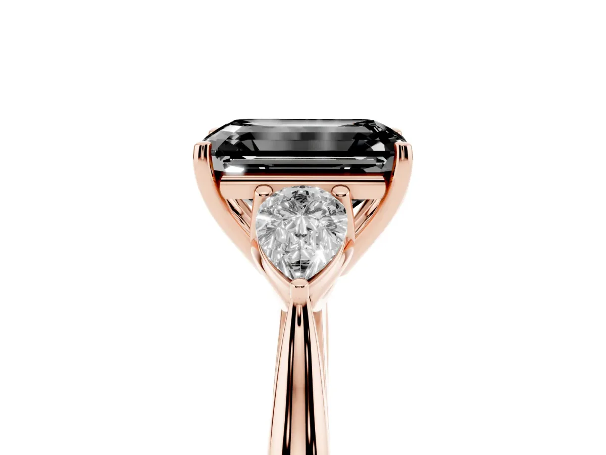 Fancy Black Emerald Cut Diamond Three-Stone Ring with Pear Side Stones and Prong Setting Rose gold