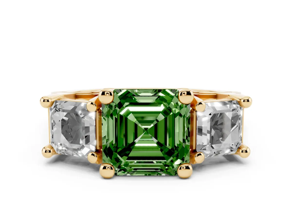 Fancy Green Asscher Cut Diamond Three-Stone Ring with Channel Set Band and Four-Prong Setting Yellow gold