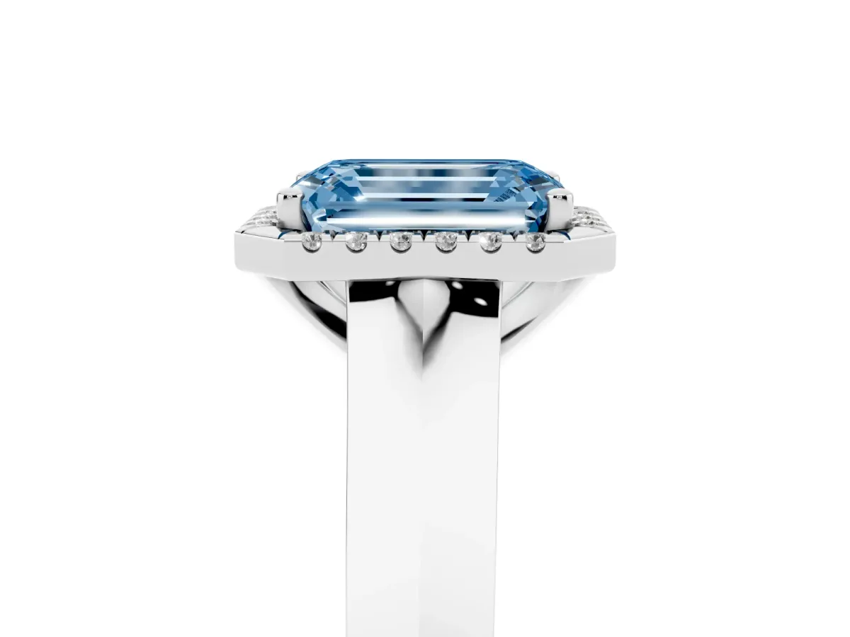 Fancy Blue Emerald Cut Halo Diamond Ring with Cathedral Band and Four-Prong Setting Silver