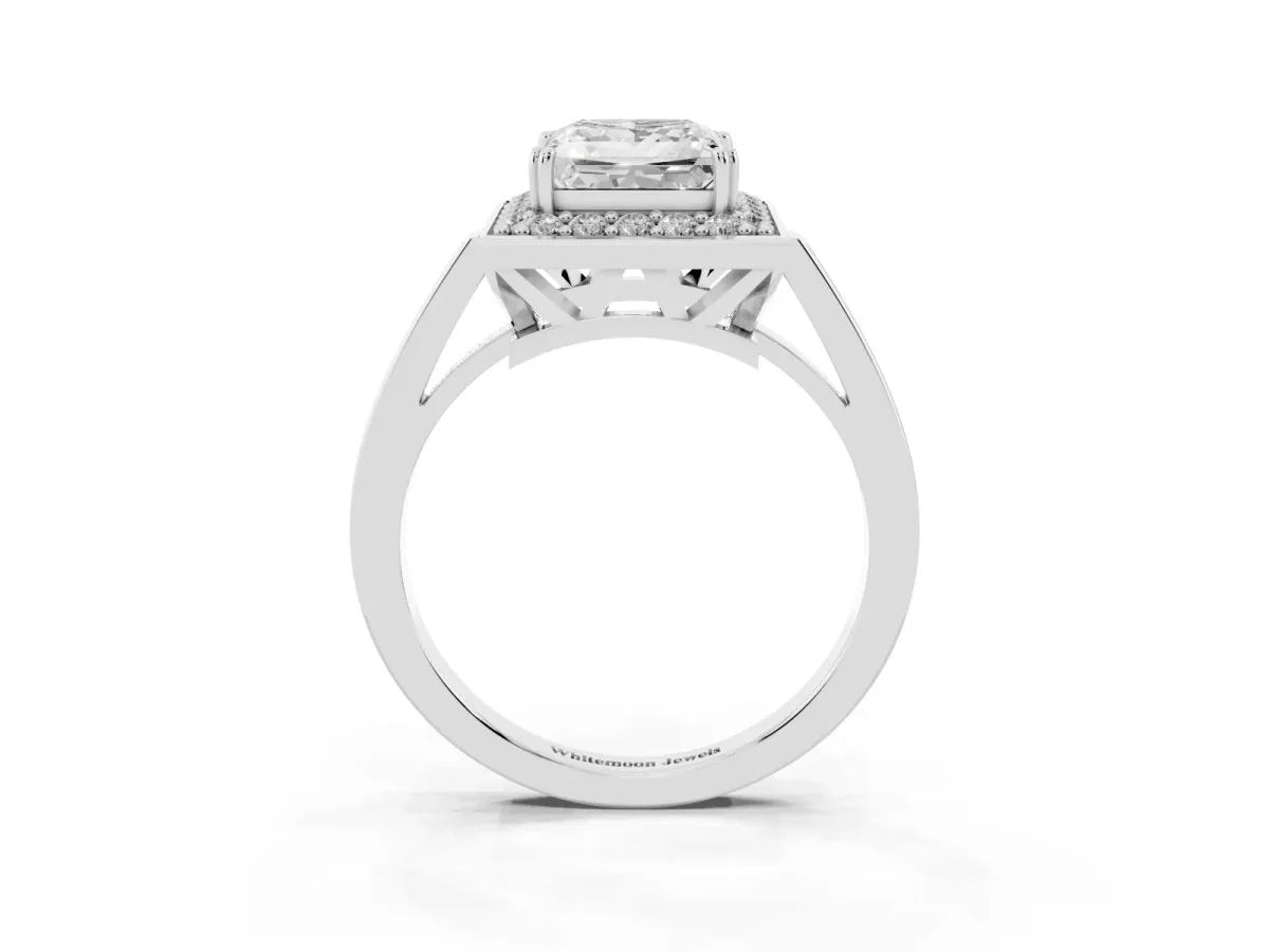 Princess Cut Diamond Halo Ring with Split Shank and Four-Prong Setting White gold