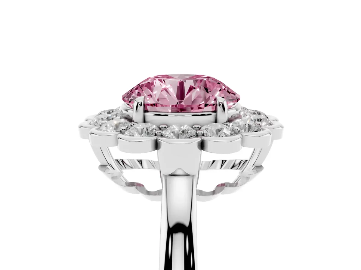 Fancy Pink Round Cut Halo Cluster Diamond Engagement Ring with Solitaire Band and Prong Setting Platinum