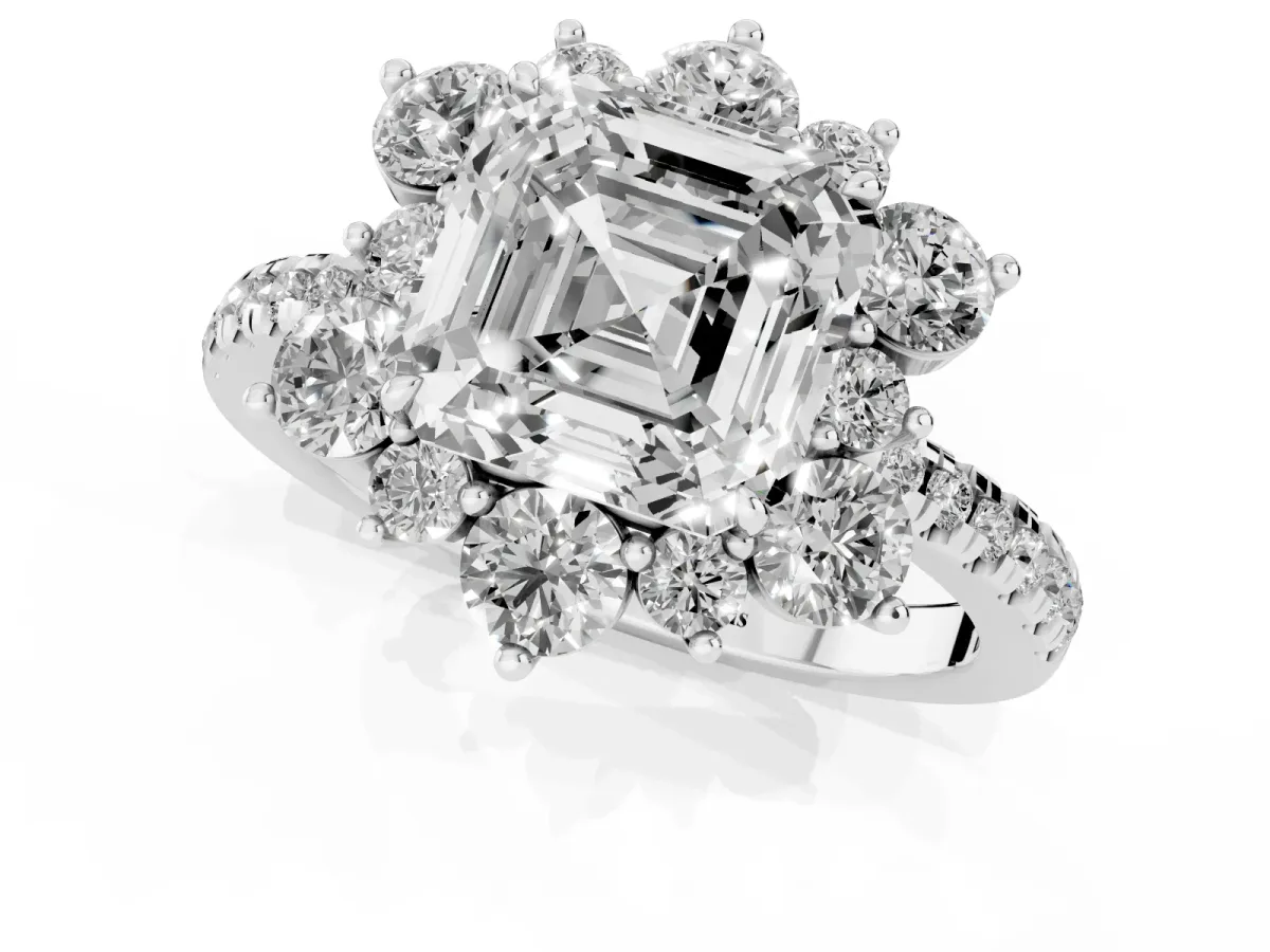 Asscher Cut Diamond Floral Halo Ring with Round Pavé Band and Prong Setting White gold