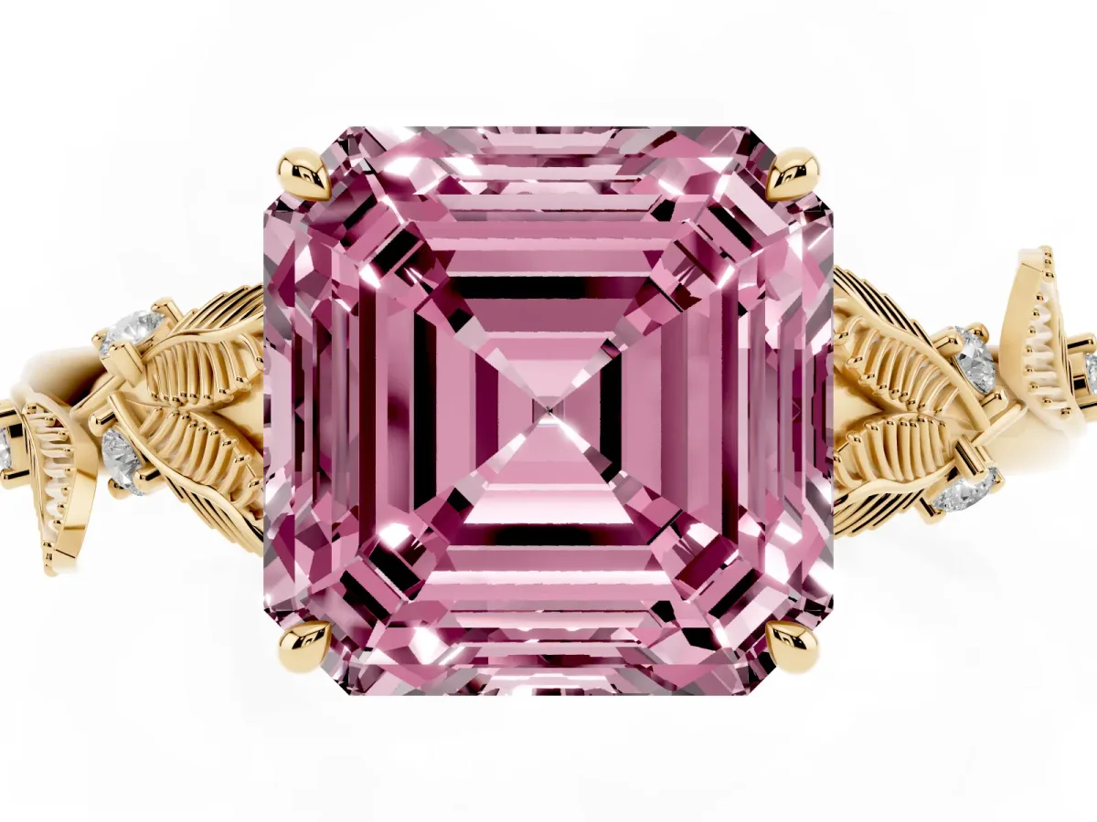 Fancy Pink Asscher Cut Diamond Solitaire Ring with Leaf Motif Band and Four-Prong Setting Yellow gold
