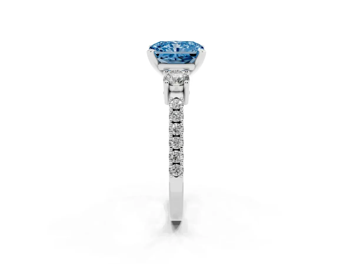 Fancy Blue Radiant Cut Three-Stone Diamond Pavé Band with Prong Setting Silver