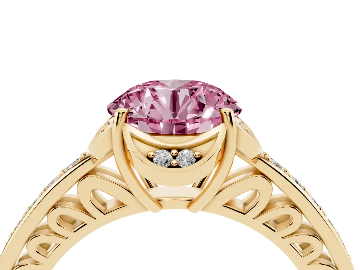 Fancy Pink Round Cut Cut Halo Diamond Ring with Channel Set Band and Four-Prong Setting Yellow gold